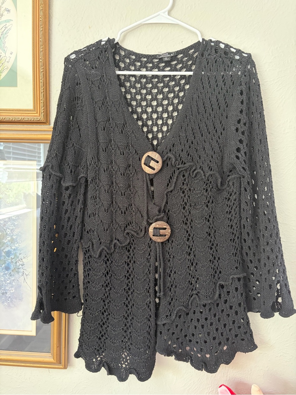Lisa International Black Open Crochet Knit Top